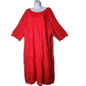 Red Lace Midi Dress Plus Size 4XL Scalloped Hem Short Sleeve Cocktail Party